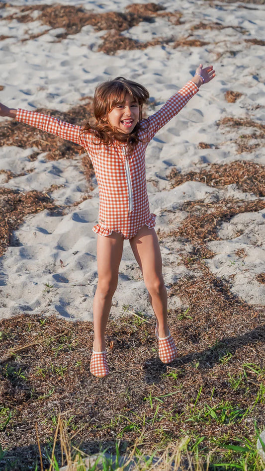 Gingham long sleeve rashguard ruffle swimsuit