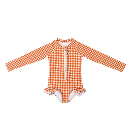 Gingham long sleeve rashguard ruffle swimsuit