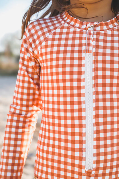 Gingham long sleeve rashguard ruffle swimsuit