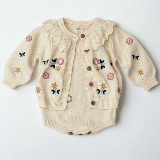 Floral Embroidered Cardigan & Romper Set